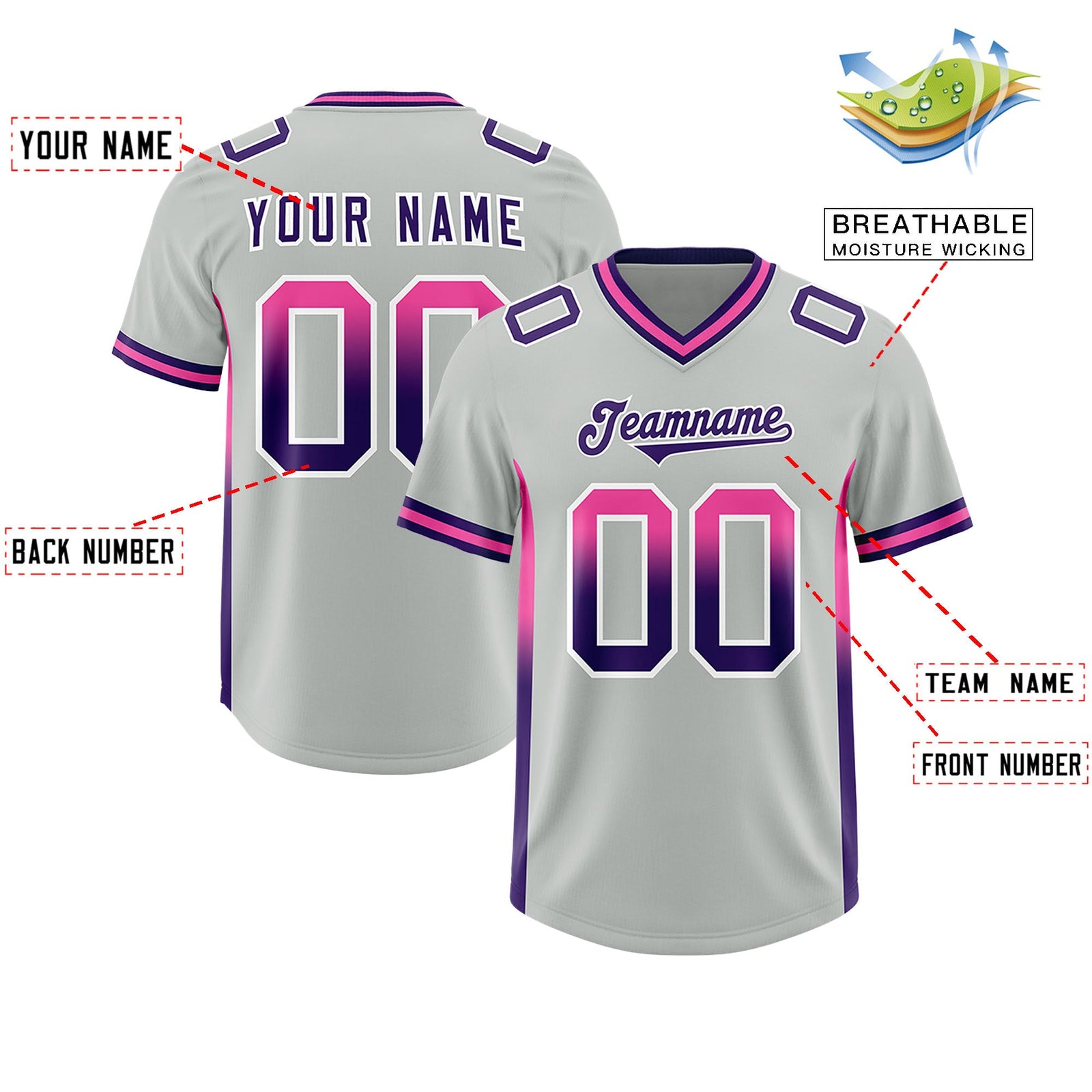 Custom Gray Pink and Purple Sides Gradient Fashion Personalized Team Football Jersey