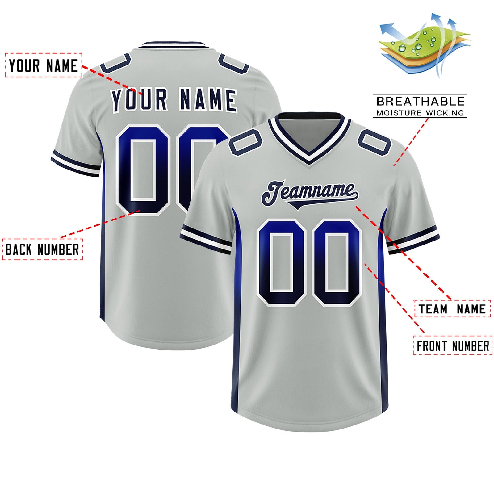 Custom Gray Royal and Navy Sides Gradient Fashion Personalized Team Football Jersey