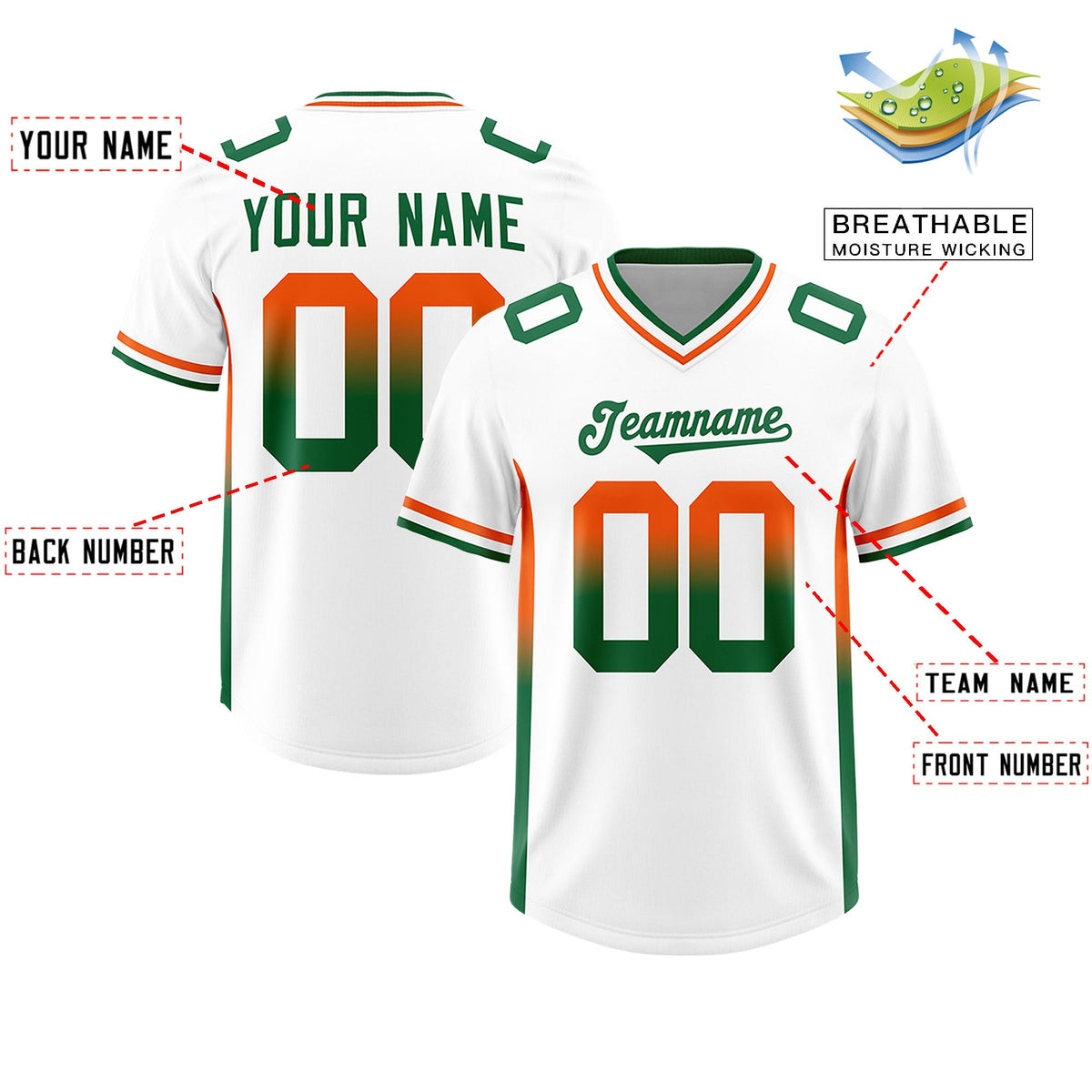 Custom White Orange and Kelly Green Sides Gradient Fashion Personalized Team Football Jersey