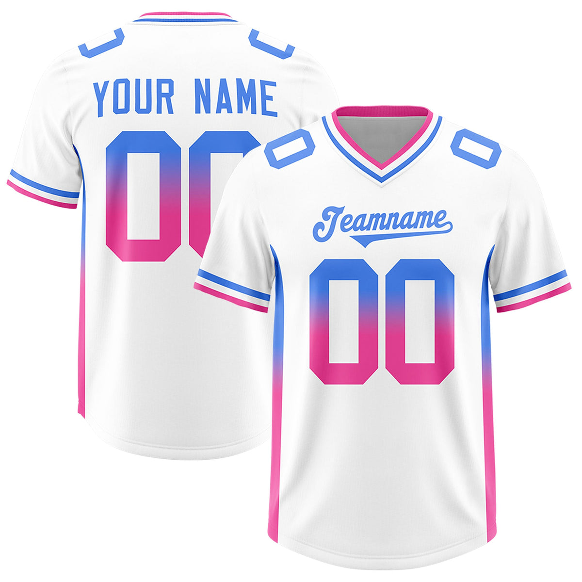 Custom White Powder Blue and Pink Sides Gradient Fashion Personalized Team Football Jersey