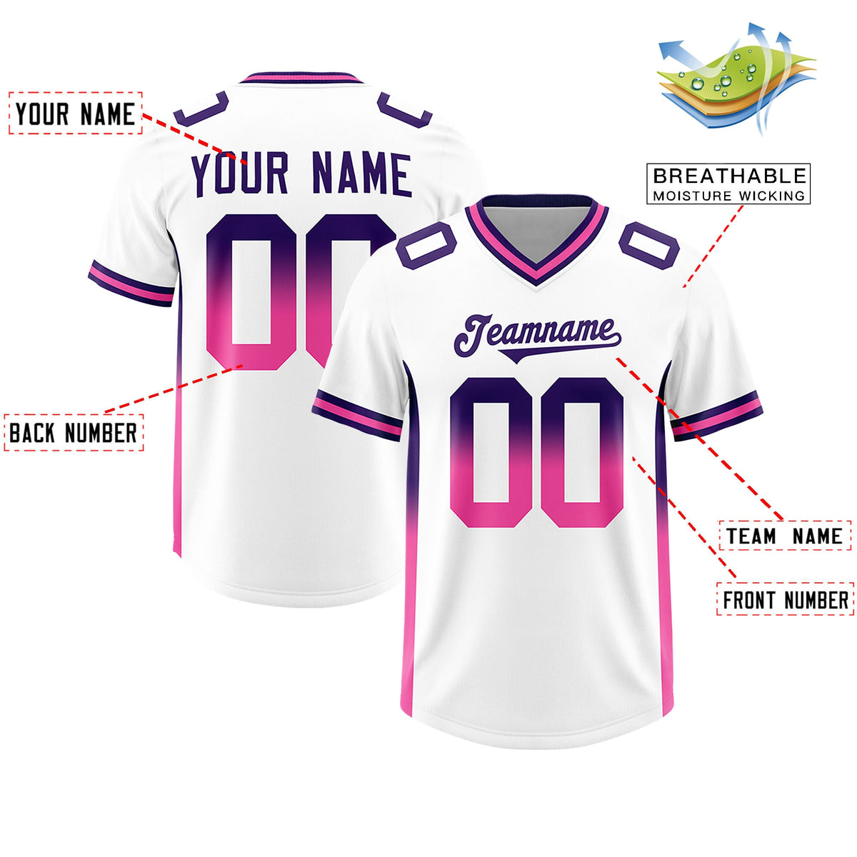 Custom White Purple and Pink Sides Gradient Fashion Personalized Team Football Jersey