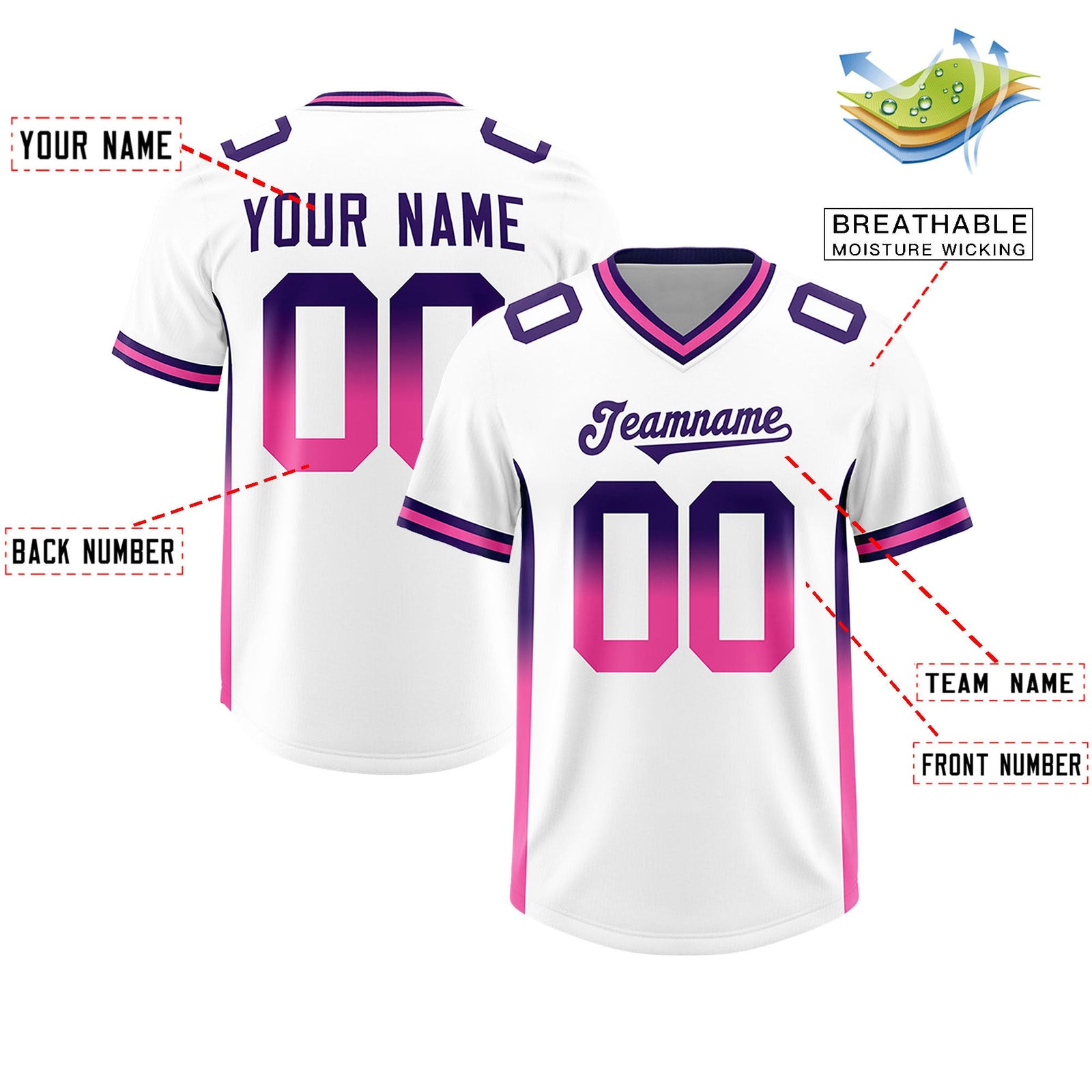Custom White Purple and Pink Sides Gradient Fashion Personalized Team Football Jersey