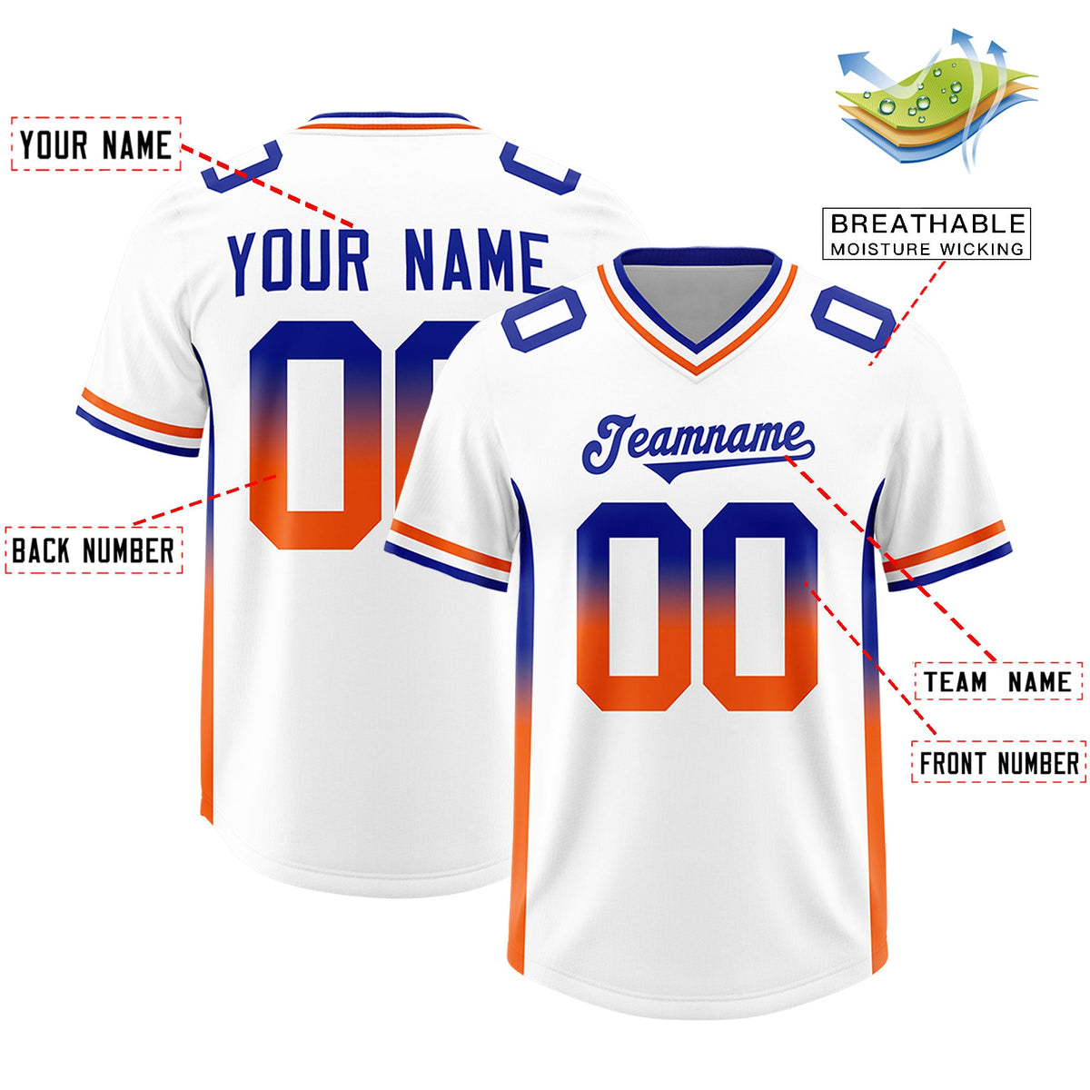 Custom White Royal and Orange Sides Gradient Fashion Personalized Team Football Jersey