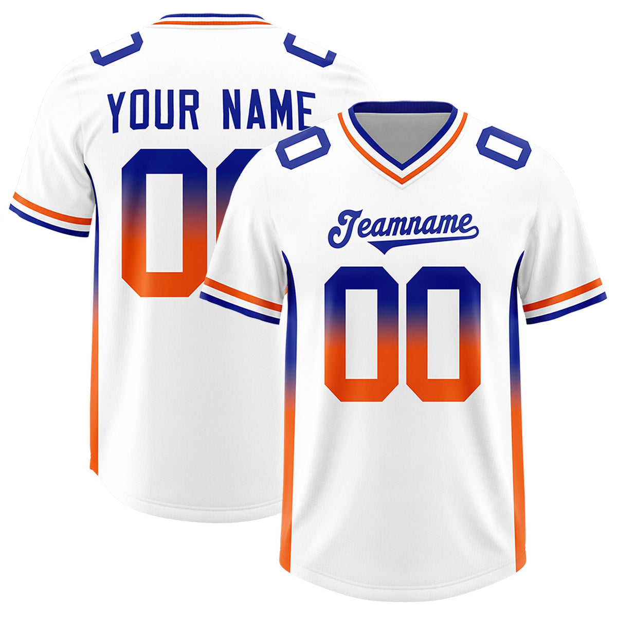 Custom White Royal and Orange Sides Gradient Fashion Personalized Team Football Jersey