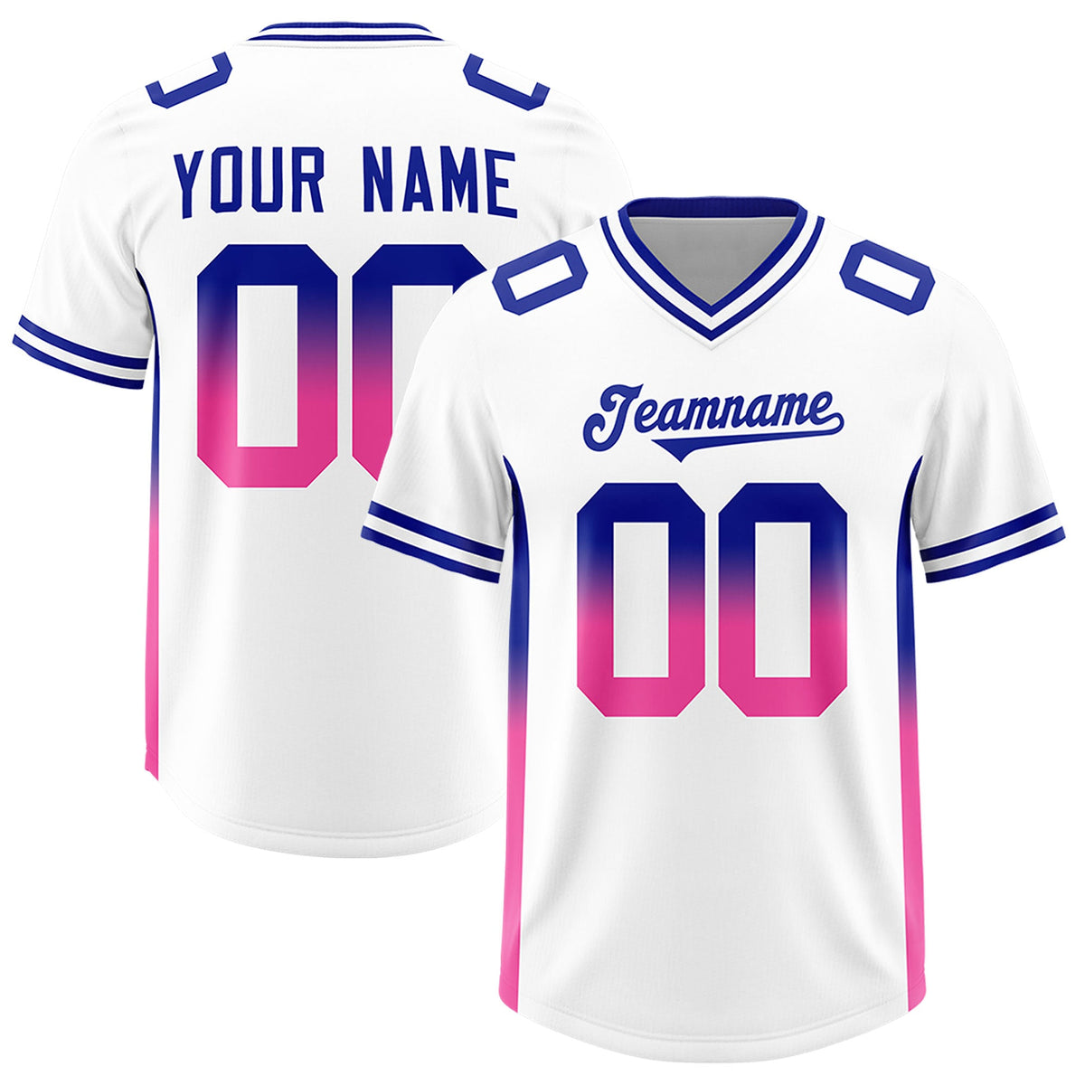 Custom White Royal and Pink Sides Gradient Fashion Personalized Team Football Jersey