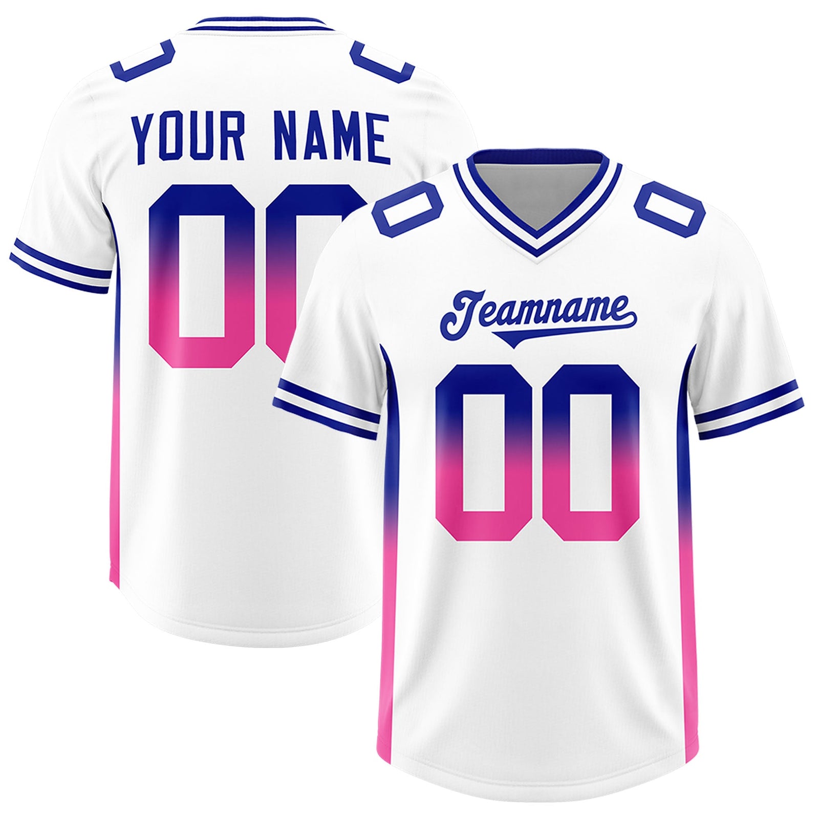Custom White Royal and Pink Sides Gradient Fashion Personalized Team Football Jersey
