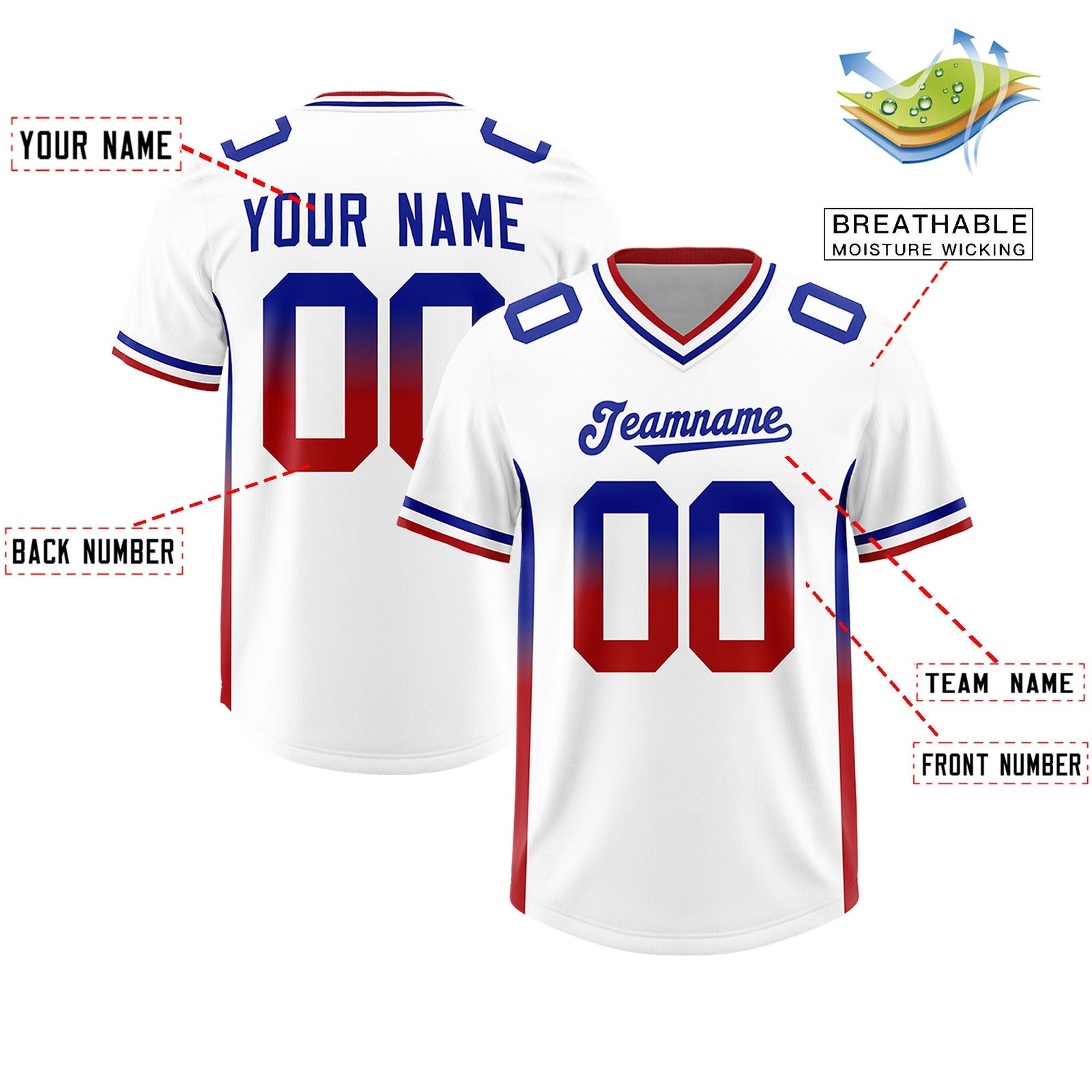 Custom White Royal and Red Sides Gradient Fashion Personalized Team Football Jersey