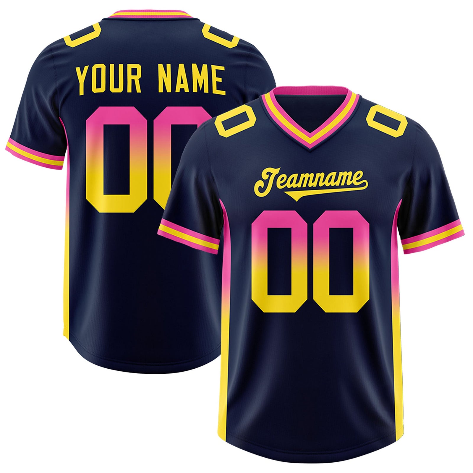 Custom Navy Pink and Gold Sides Gradient Fashion Personalized Team Football Jersey