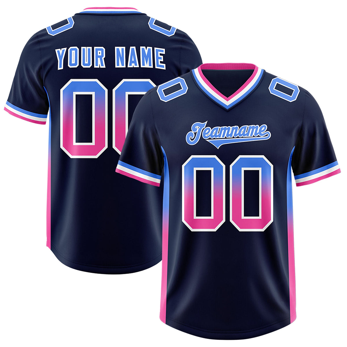 Custom Navy Powder Blue and Pink Sides Gradient Fashion Personalized Team Football Jersey