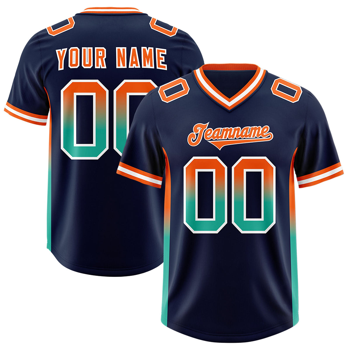 Custom Navy Orange and Bright Green Sides Gradient Fashion Personalized Team Football Jersey