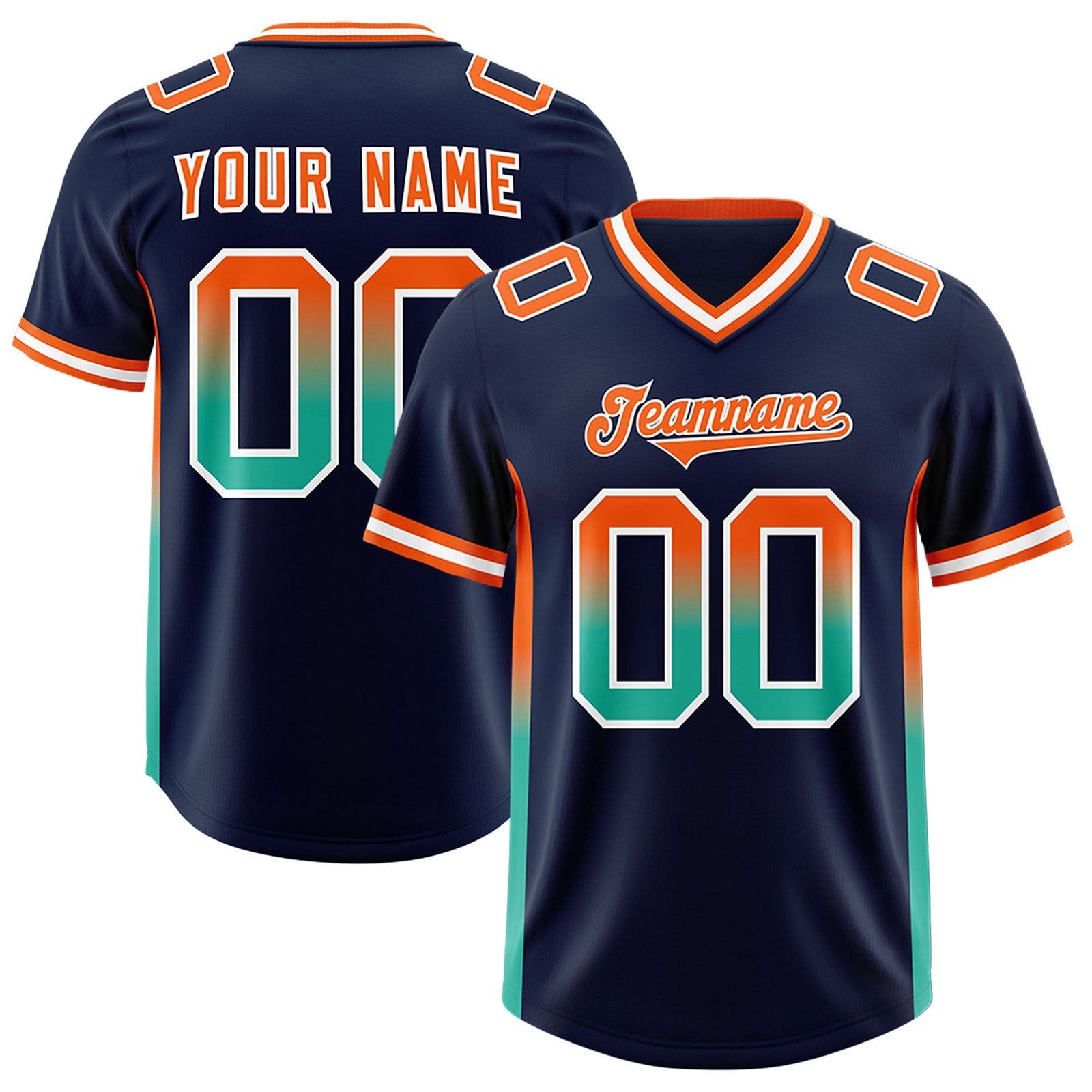 Custom Navy Orange and Bright Green Sides Gradient Fashion Personalized Team Football Jersey