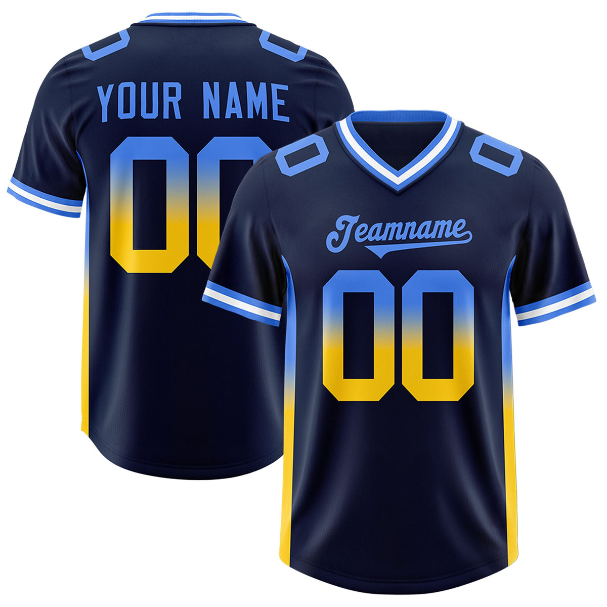 Custom Navy Powder Blue and Gold Sides Gradient Fashion Personalized Team Football Jersey
