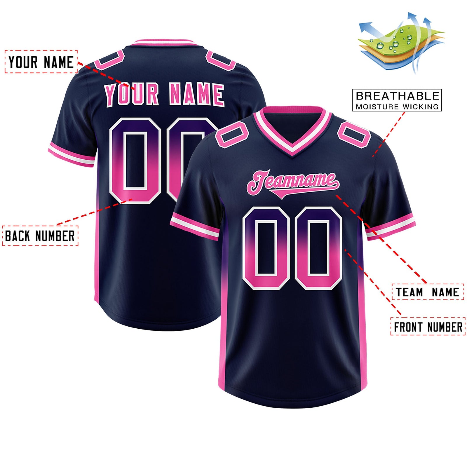 Custom Navy Purple and Pink Sides Gradient Fashion Personalized Team Football Jersey