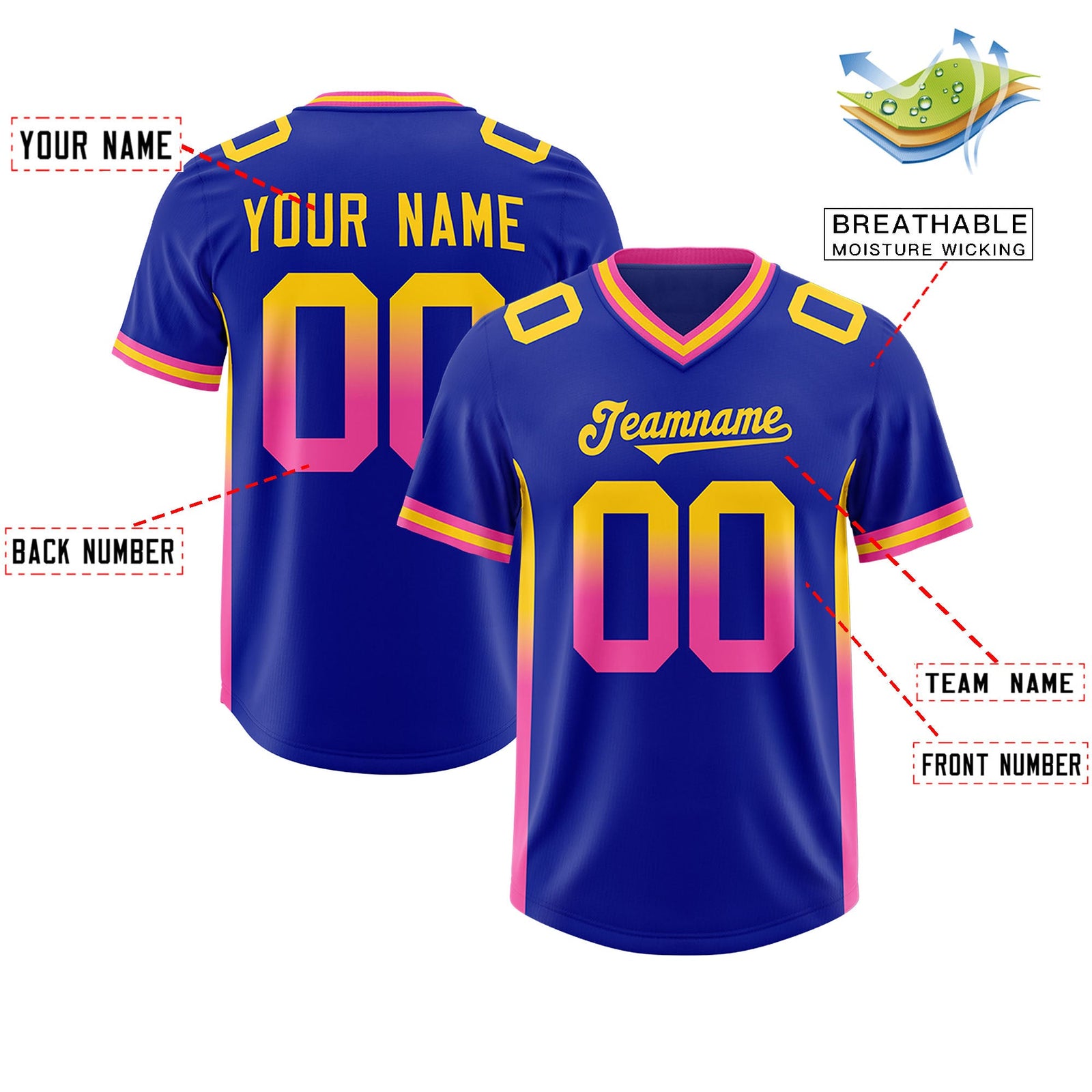 Custom Royal Gold Sides Gradient Fashion Personalized Team Football Jersey