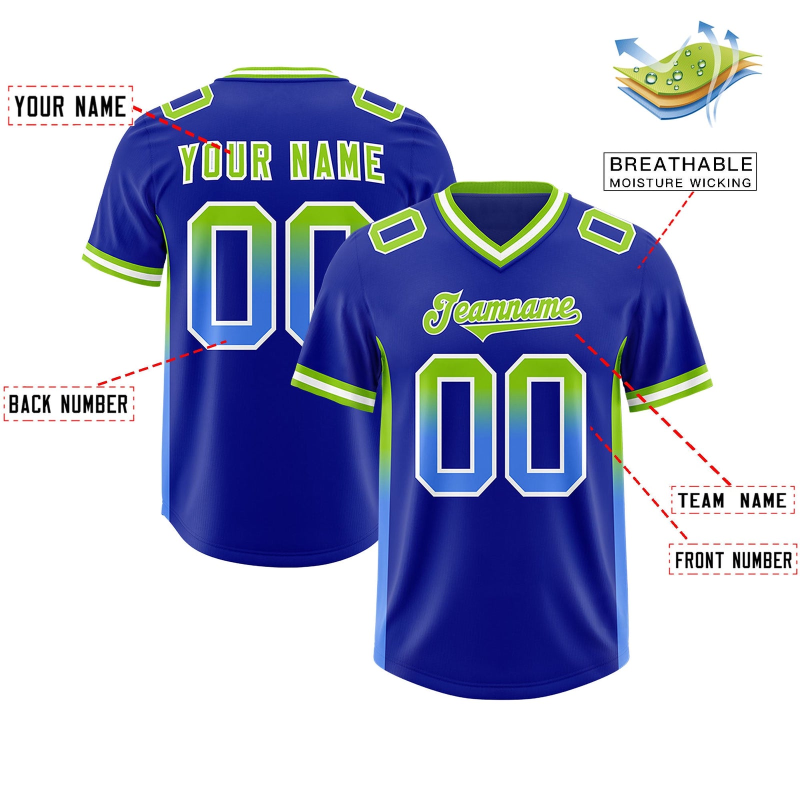 Custom Royal Neon Green and Powder Blue Sides Gradient Fashion Personalized Team Football Jersey