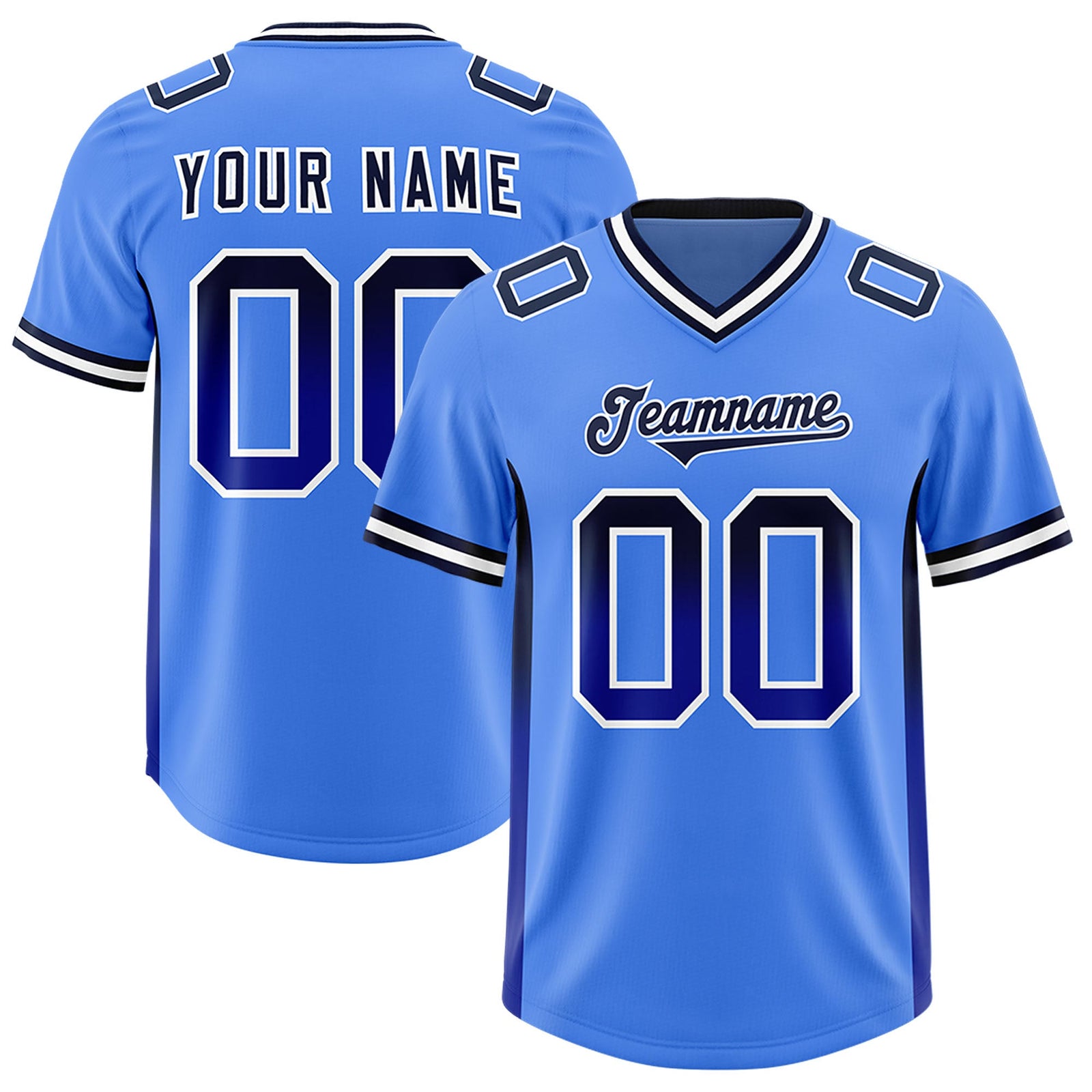 Custom Powder Blue Navy and Royal Sides Gradient Fashion Personalized Team Football Jersey