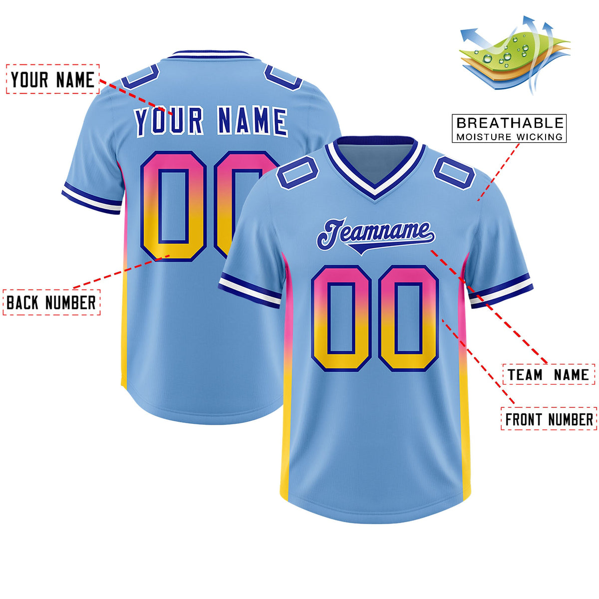 Custom Powder Blue Pink and Gold Sides Gradient Fashion Personalized Team Football Jersey