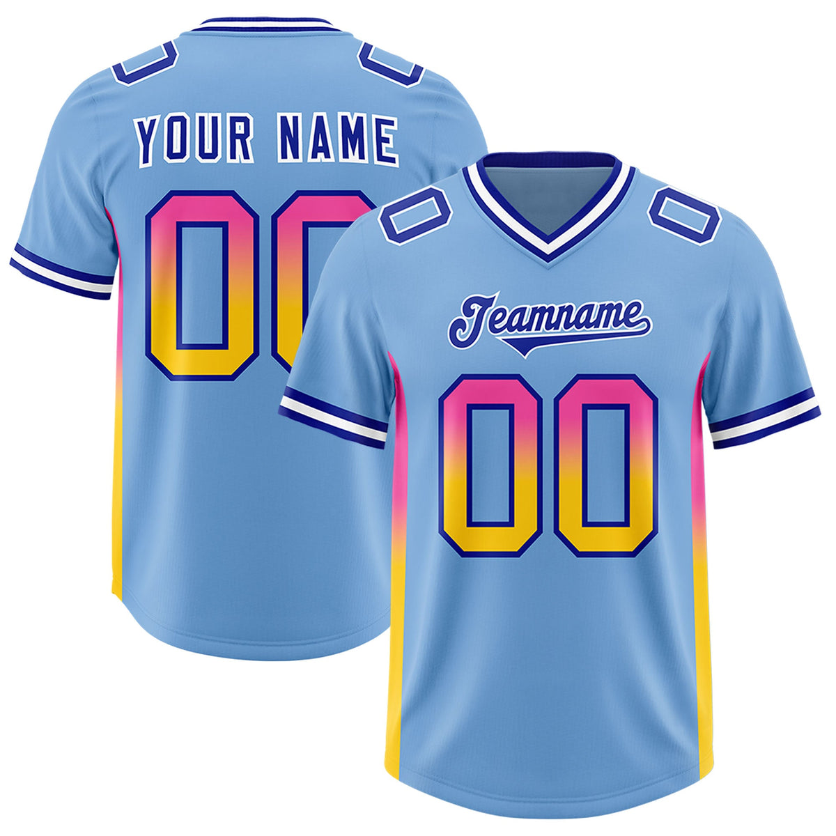 Custom Powder Blue Pink and Gold Sides Gradient Fashion Personalized Team Football Jersey