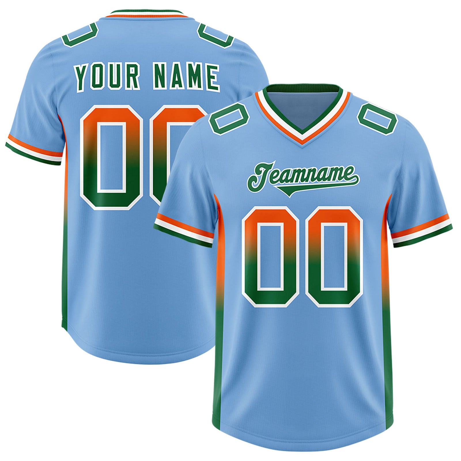 Custom Powder Blue Orange and Kelly Green Sides Gradient Fashion Personalized Team Football Jersey