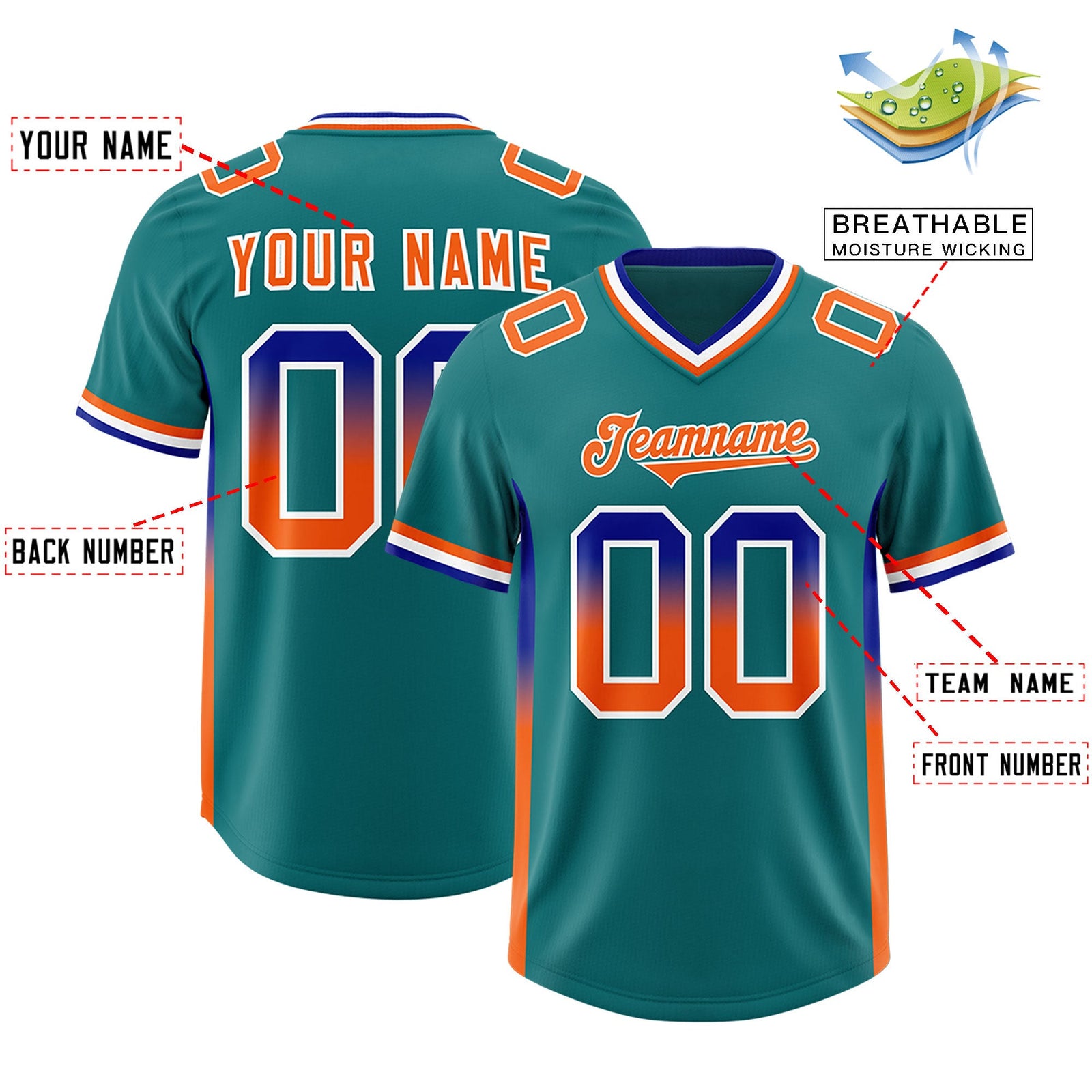 Custom Aqua Royal and Orange Sides Gradient Fashion Personalized Team Football Jersey