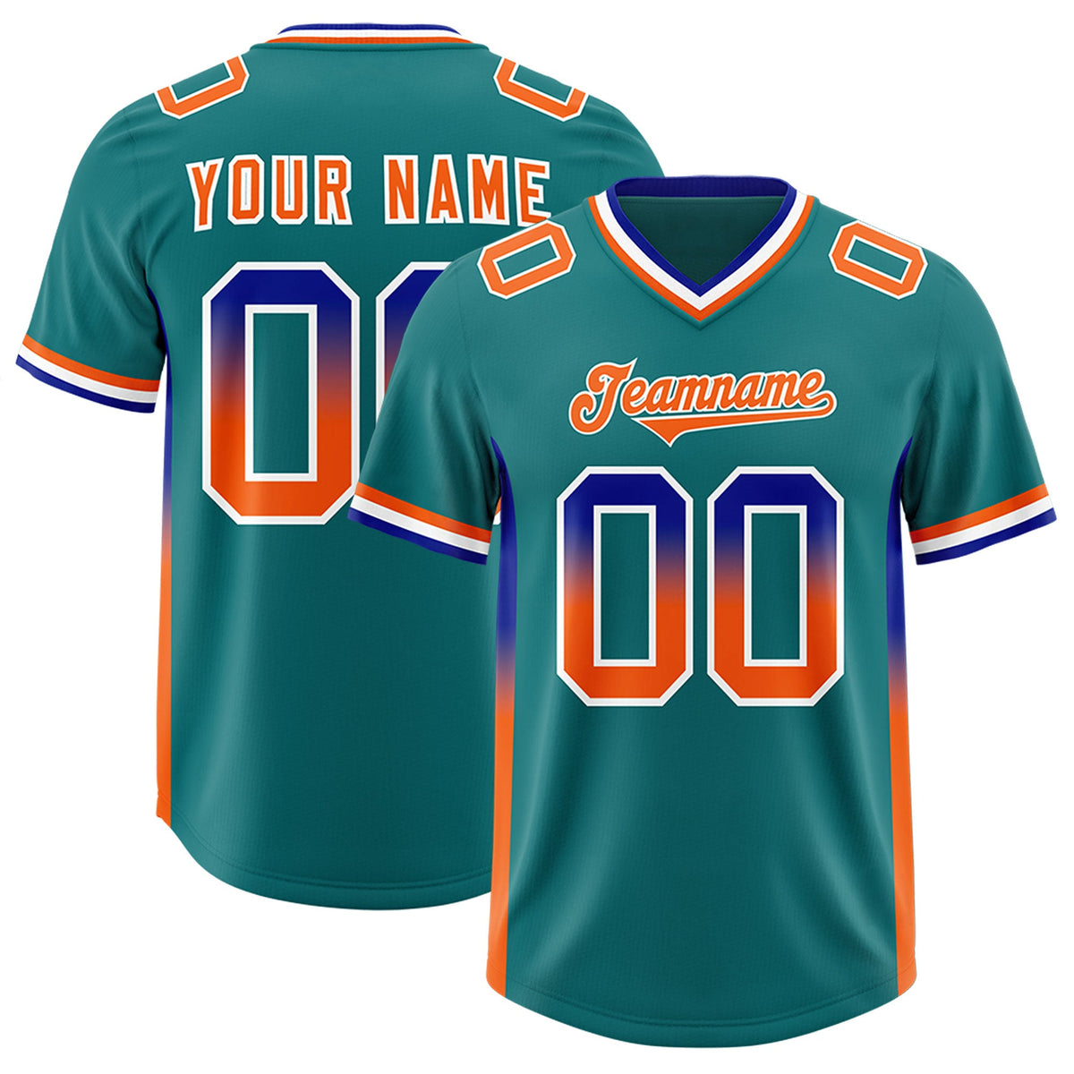 Custom Aqua Royal and Orange Sides Gradient Fashion Personalized Team Football Jersey