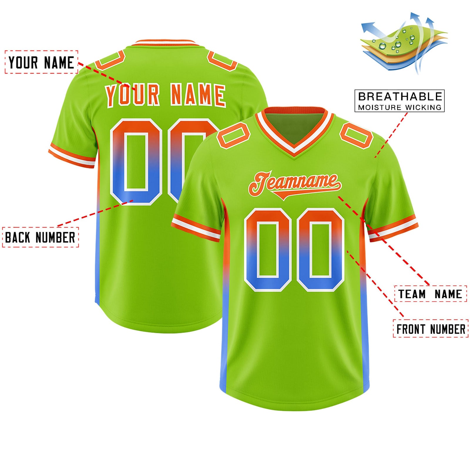 Custom Neon Green Orange and Powder Blue Sides Gradient Fashion Personalized Team Football Jersey