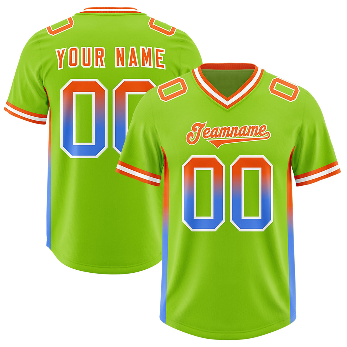 Custom Neon Green Orange and Powder Blue Sides Gradient Fashion Personalized Team Football Jersey