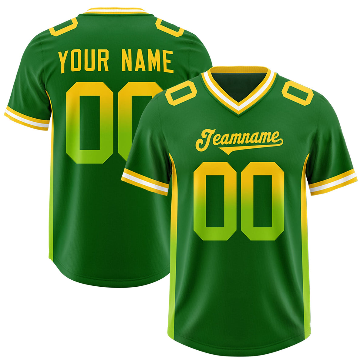 Custom Kelly Green Gold Sides Gradient Fashion Personalized Team Football Jersey