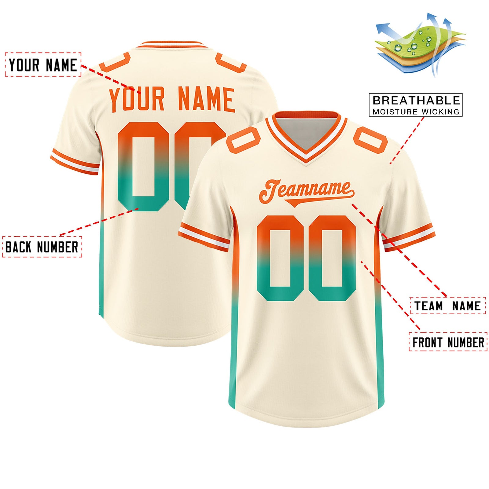 Custom Cream Orange and Bright Green Sides Gradient Fashion Personalized Team Football Jersey