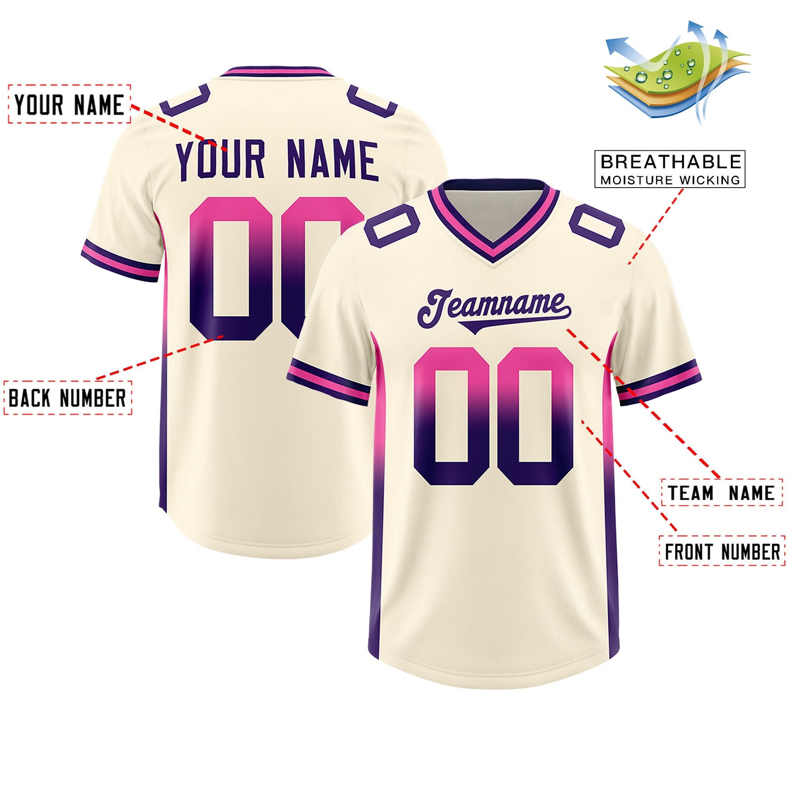 Custom Cream Pink and Purple Sides Gradient Fashion Personalized Team Football Jersey