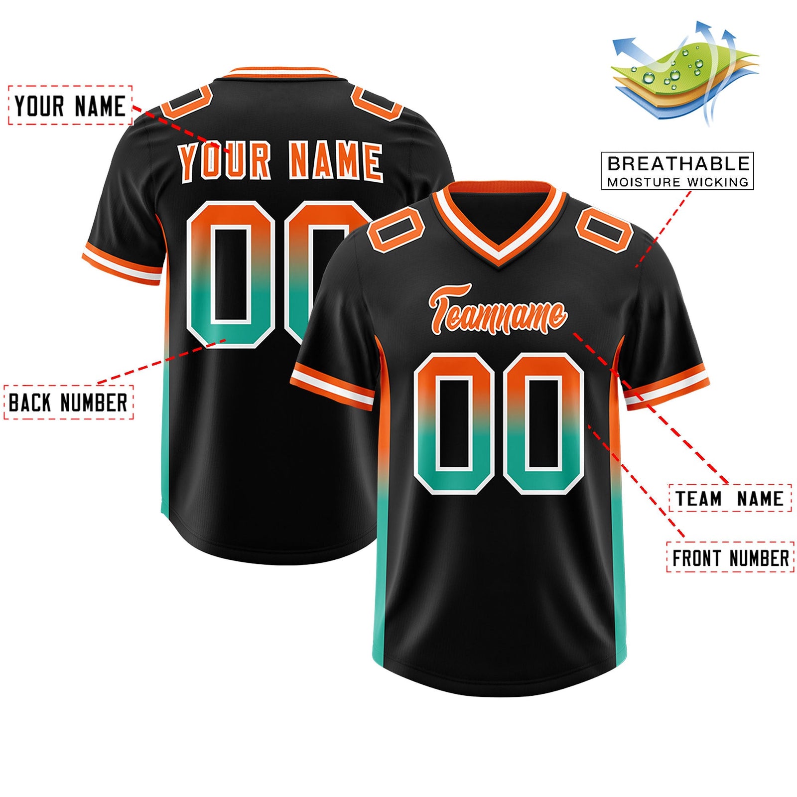 Custom Black Orange and Bright Green Sides Gradient Fashion Personalized Team Football Jersey