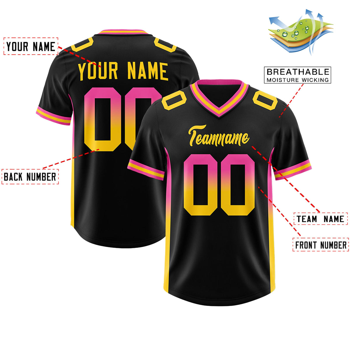 Custom Black Pink and Gold Sides Gradient Fashion Personalized Team Football Jersey