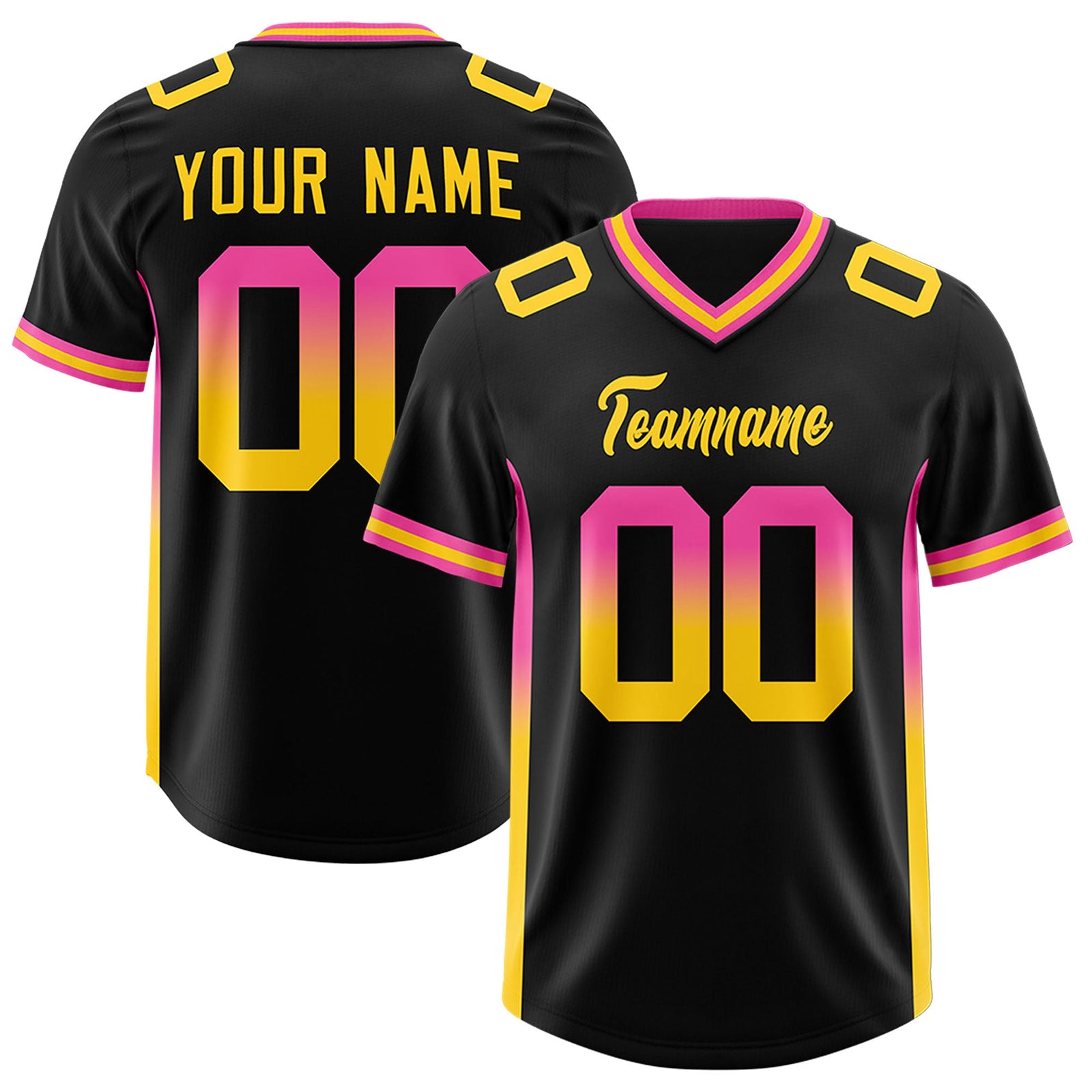 Custom Black Pink and Gold Sides Gradient Fashion Personalized Team Football Jersey