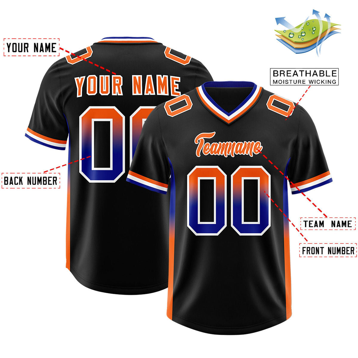 Custom Black Royal and Orange Sides Gradient Fashion Personalized Team Football Jersey