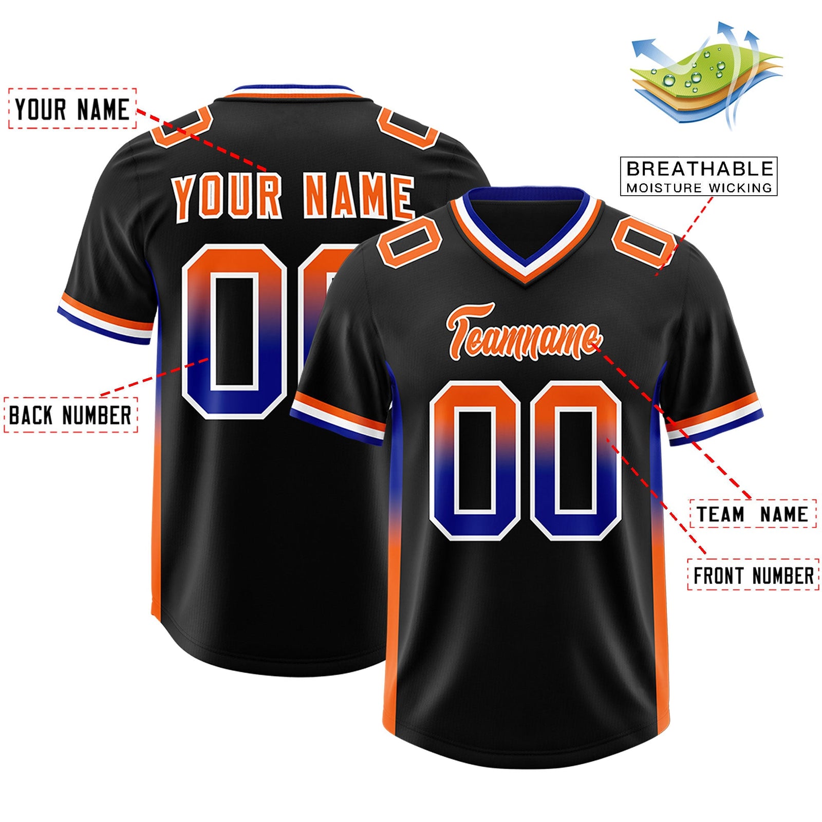 Custom Black Royal and Orange Sides Gradient Fashion Personalized Team Football Jersey