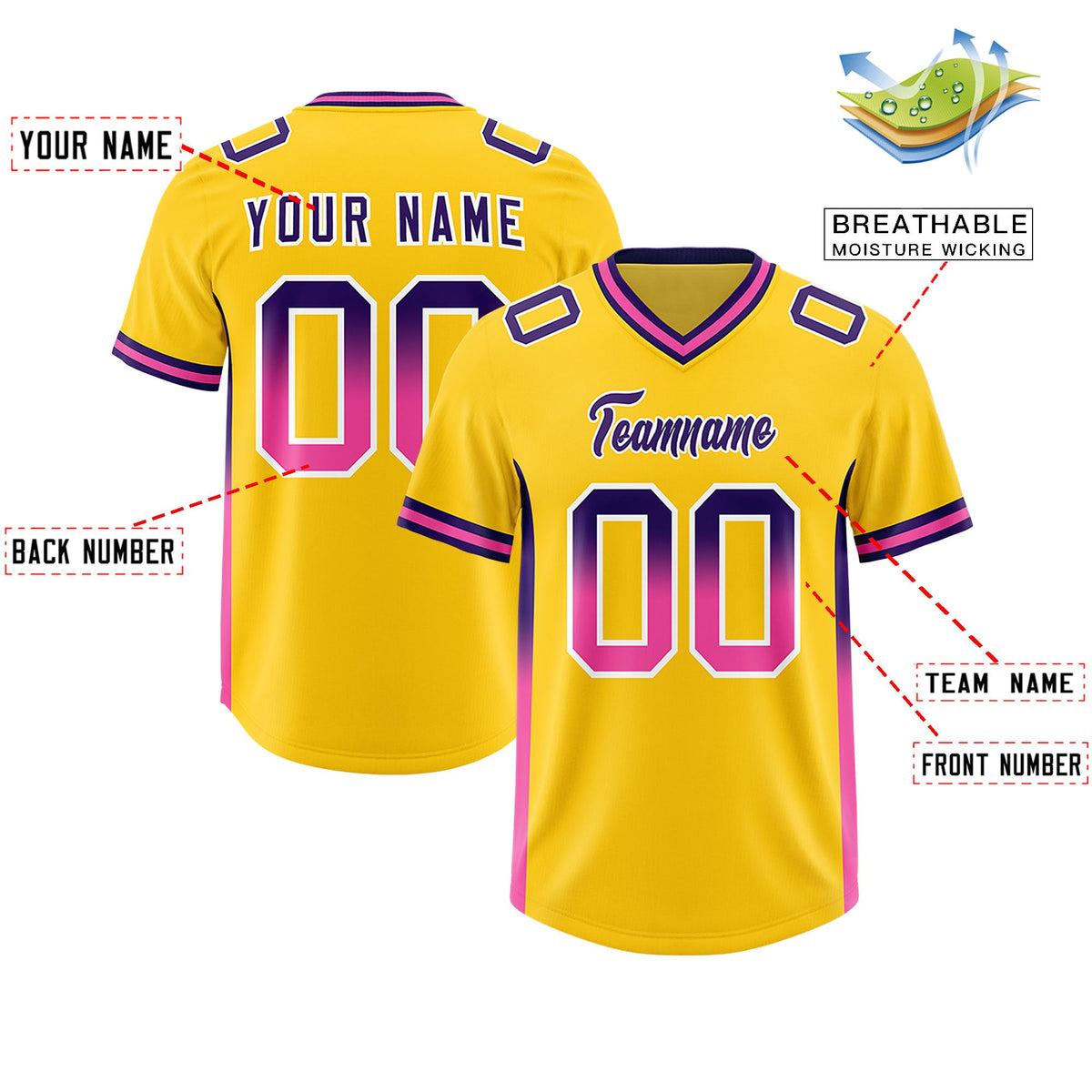 Custom Gold Purple and Pink Sides Gradient Fashion Personalized Team Football Jersey