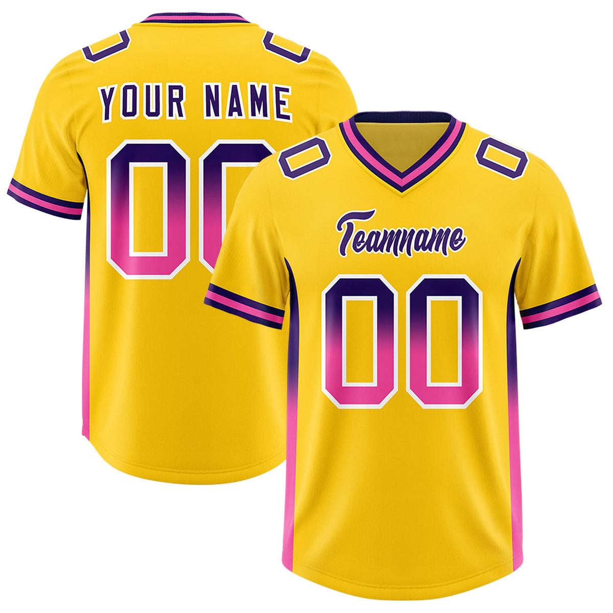 Custom Gold Purple and Pink Sides Gradient Fashion Personalized Team Football Jersey