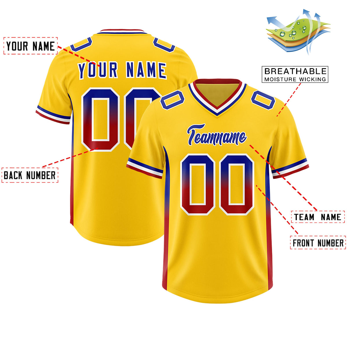 Custom Gold Royal and Red Sides Gradient Fashion Personalized Team Football Jersey