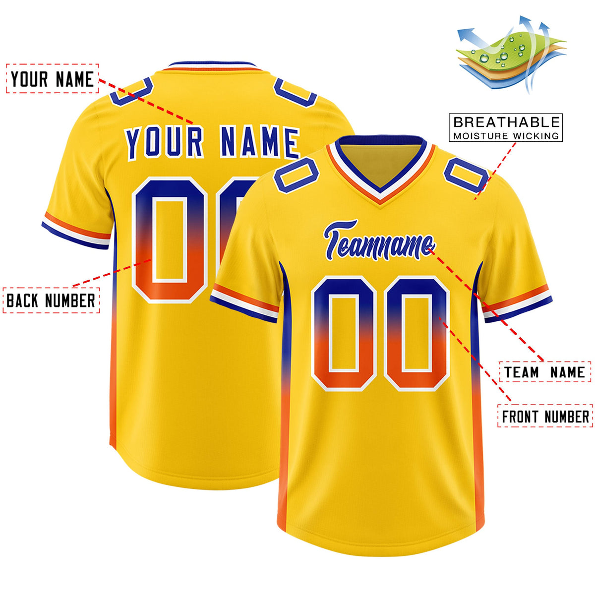 Custom Gold Royal and Orange Sides Gradient Fashion Personalized Team Football Jersey