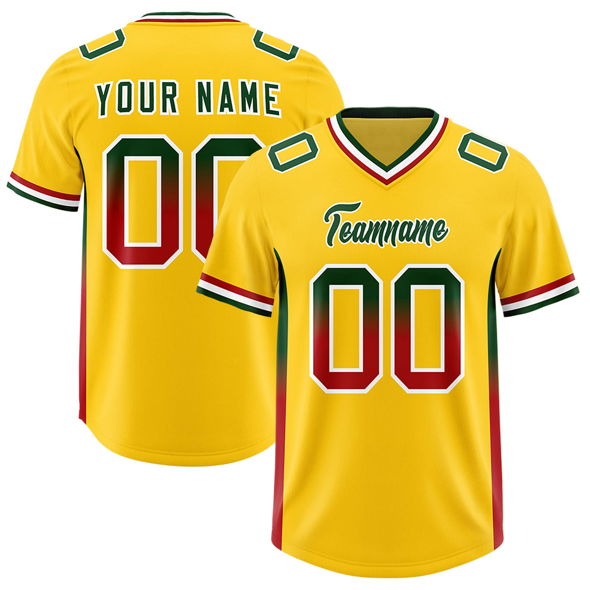 Custom Gold Green and Red Sides Gradient Fashion Personalized Team Football Jersey