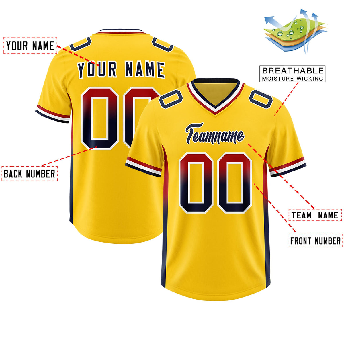 Custom Gold Red and Navy Sides Gradient Fashion Personalized Team Football Jersey