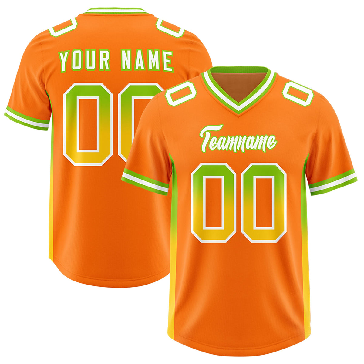 Custom Orange Neon Green and Gold Sides Gradient Fashion Personalized Team Football Jersey
