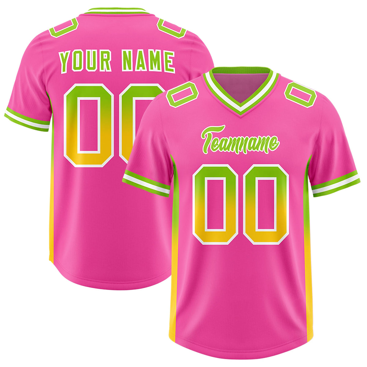 Custom Pink Neon Green and Gold Sides Gradient Fashion Personalized Team Football Jersey