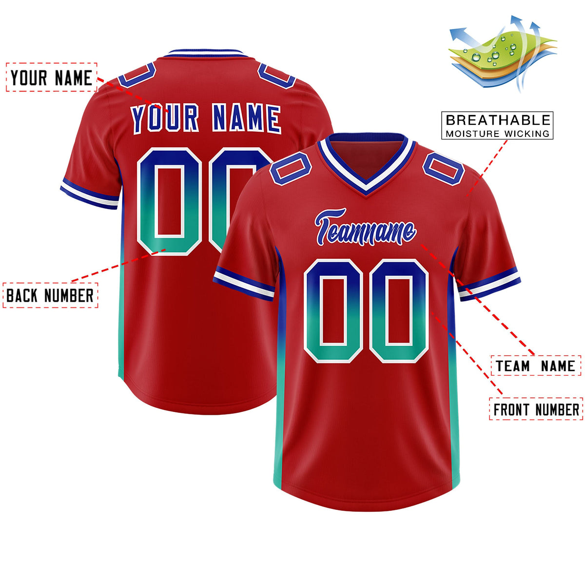 Custom Red Royal and Bright Green Sides Gradient Fashion Personalized Team Football Jersey