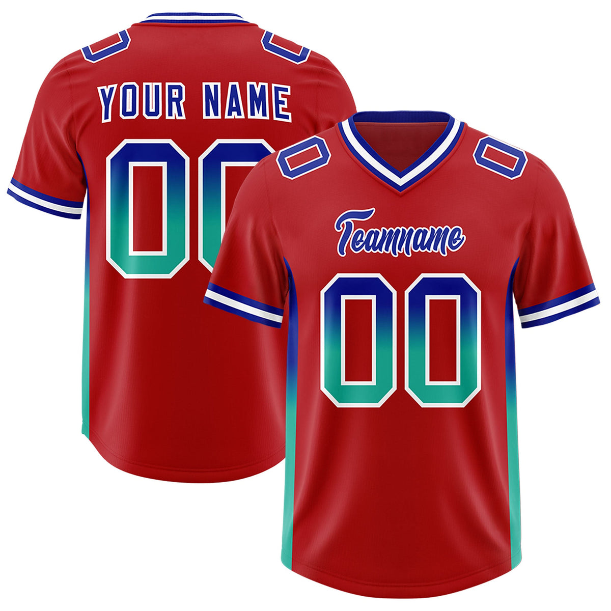 Custom Red Royal and Bright Green Sides Gradient Fashion Personalized Team Football Jersey