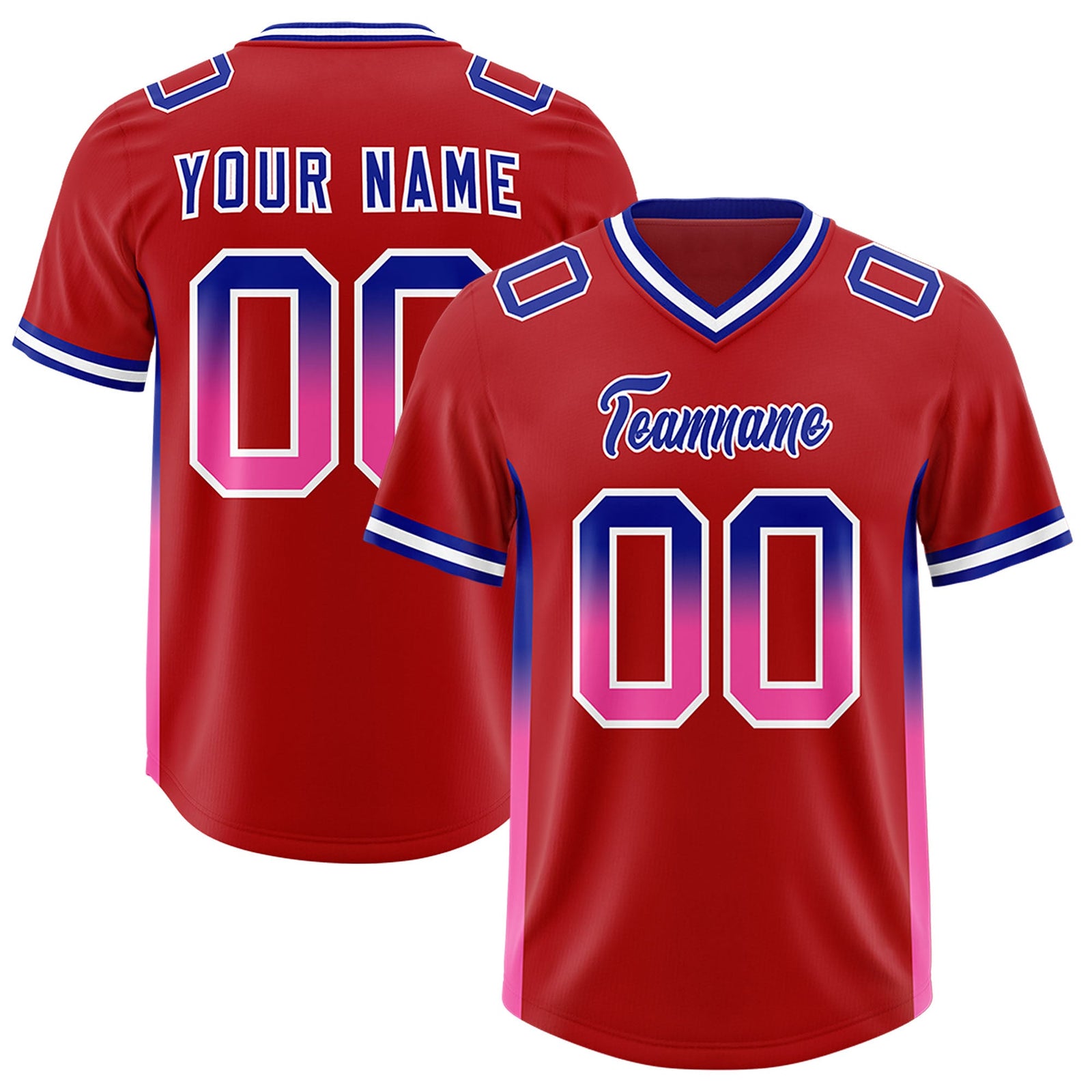 Custom Red Royal and Pink Sides Gradient Fashion Personalized Team Football Jersey