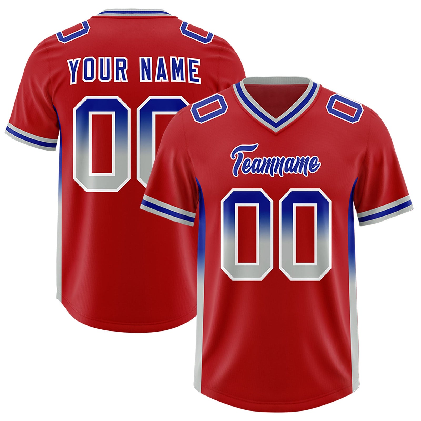 Custom Red Royal and Gray Sides Gradient Fashion Personalized Team Football Jersey