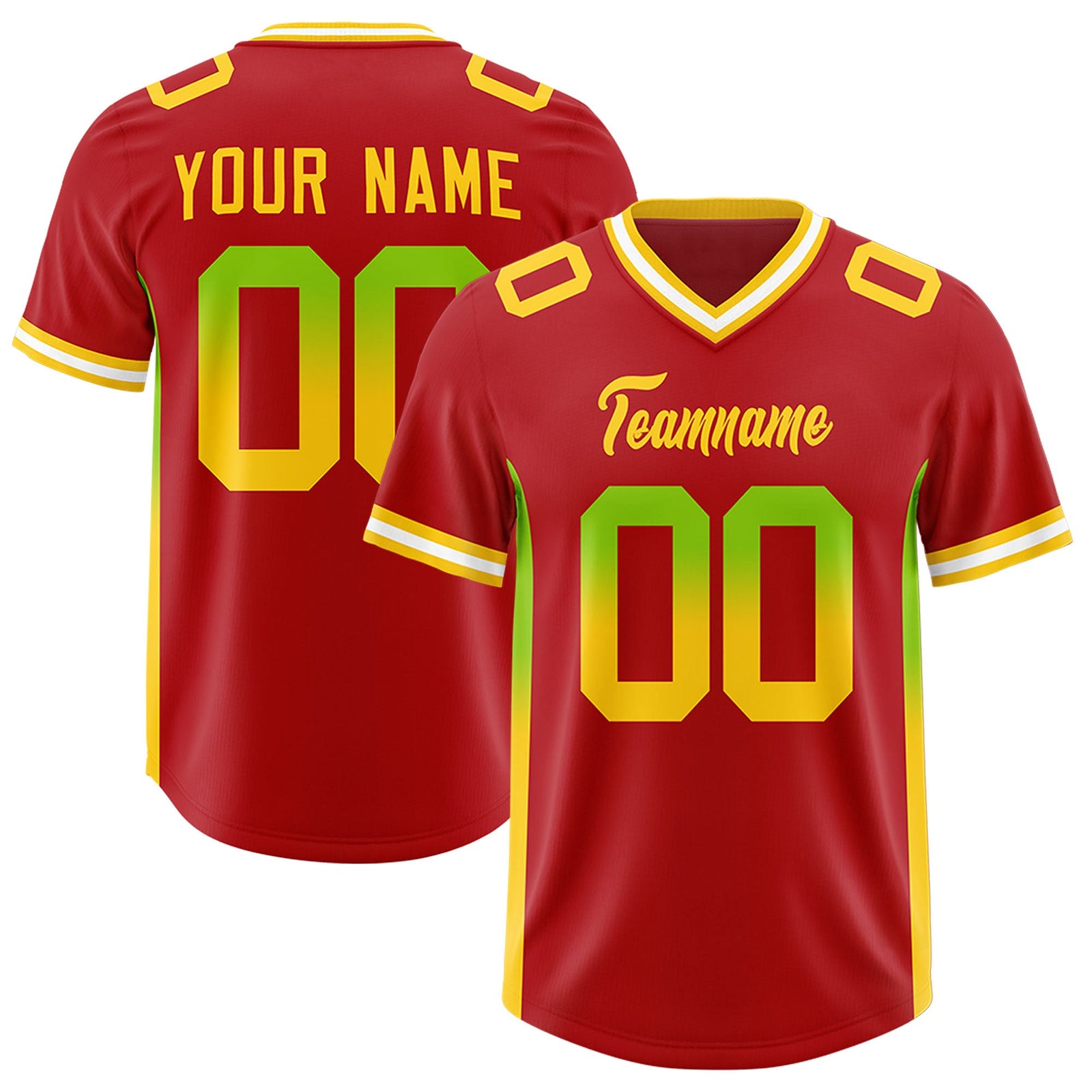 Custom Red Neon Green and Gold Sides Gradient Fashion Personalized Team Football Jersey