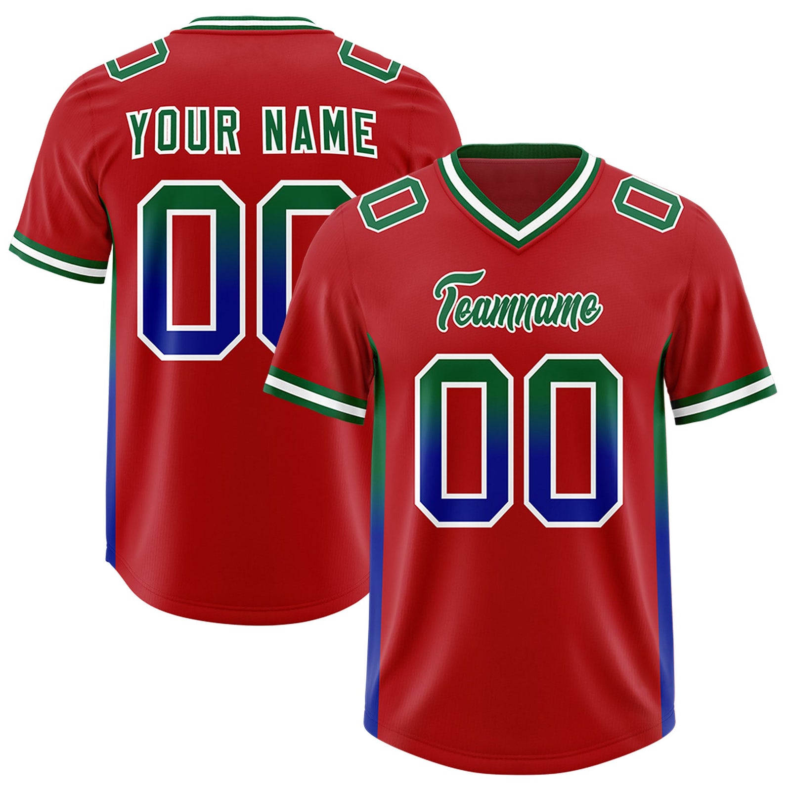 Custom Red Kelly Green and Royal Sides Gradient Fashion Personalized Team Football Jersey