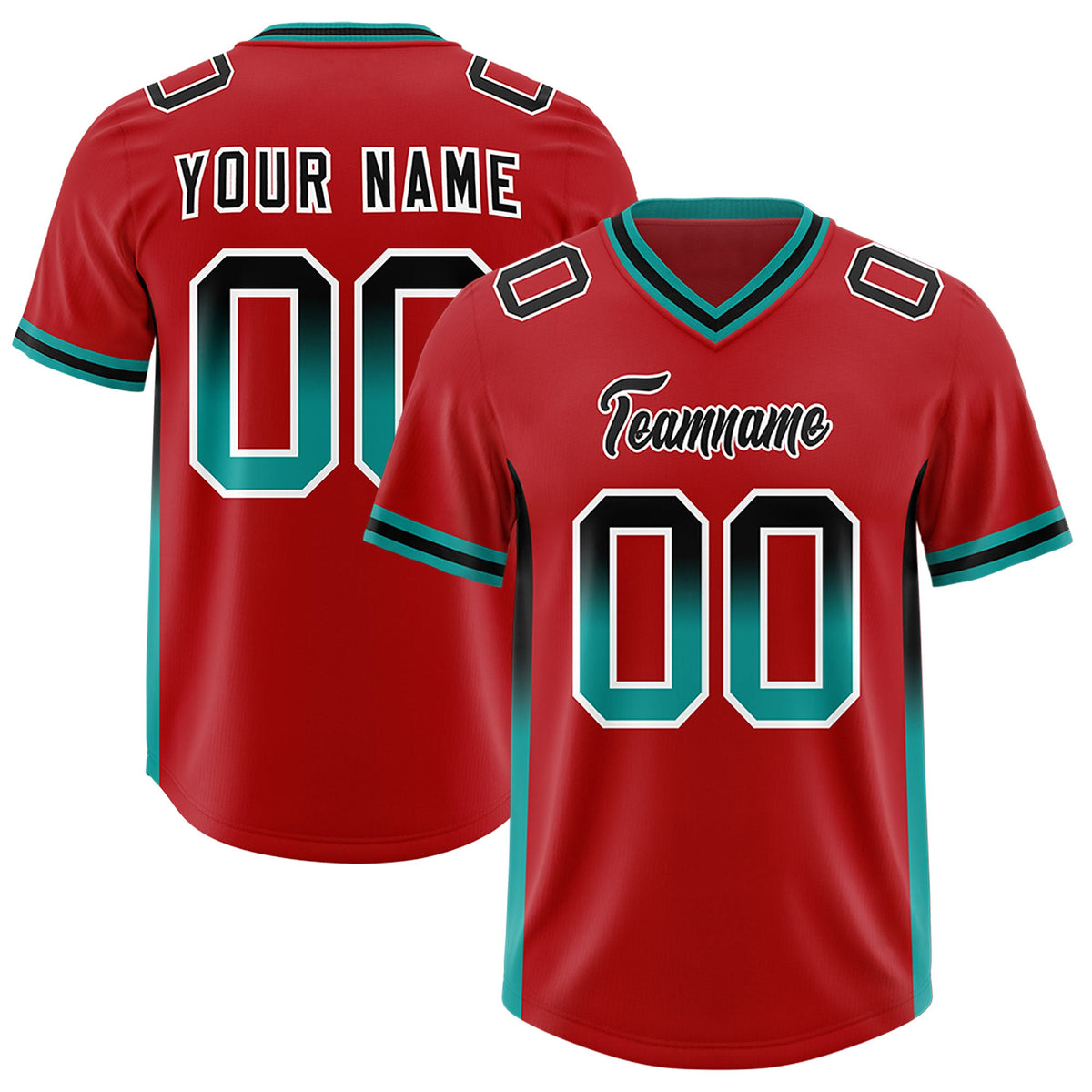 Custom Red Black and Aqua Sides Gradient Fashion Personalized Team Football Jersey